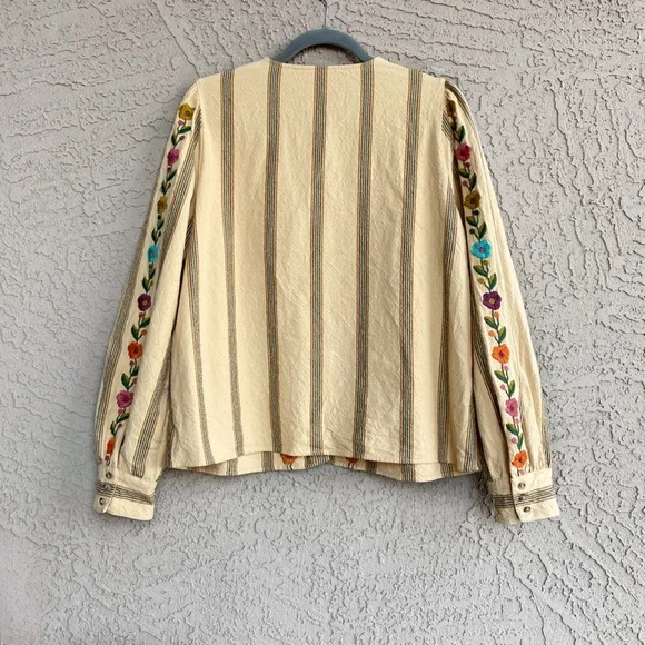 SEZANE Yellow Ecru Pink Striped Floral Embroidered Button Down Aina Blouse Shirt - Picture 10 of 16